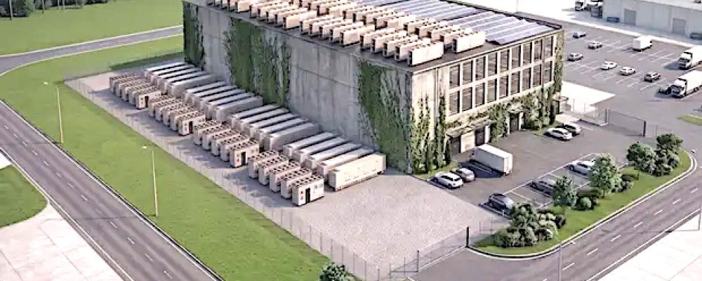 Visionsbild över Airons planerade utbyggnad i Lidköping. Med nytt kapital från Frankrike ska bolaget uppföra ytterligare två AI-optimerade datacenter. Illustration: Airon.