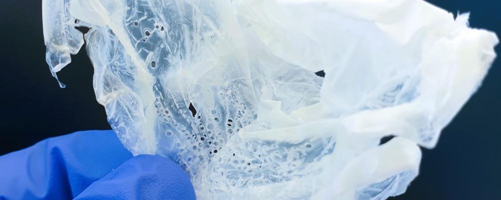 Plasten polyhydroxialkanoat (PHA), framställd ur organiska syror. Foto: Fraunhofer Institut