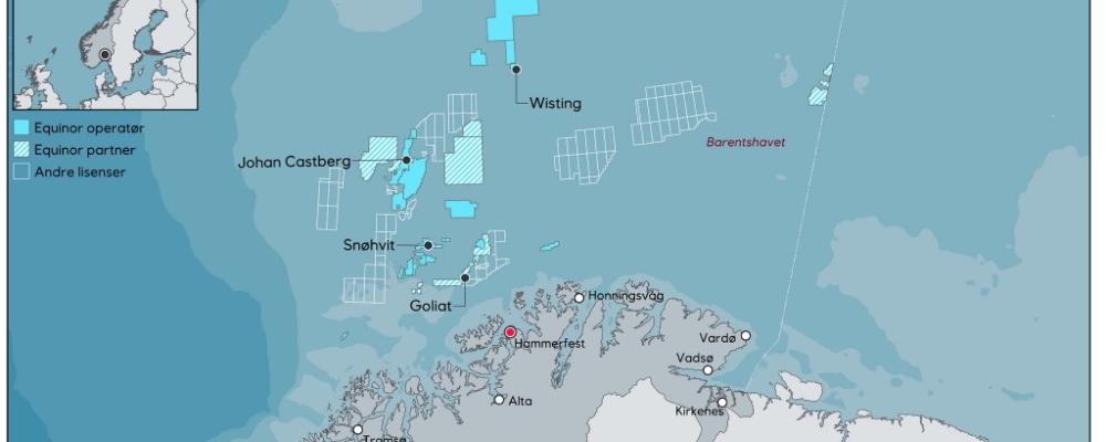 Illustration av Equinors planerade utbyggnad av Wistingfältet i Barentshavet. Projektet kan bli Norges största nya oljeutveckling på den norska kontinentalsockeln under de kommande åren. Karta: Equinor