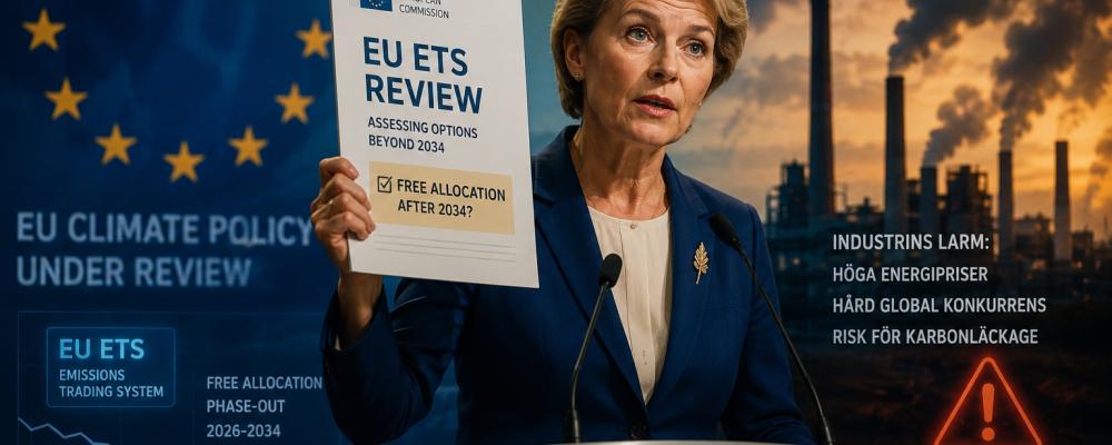 EU:s pågående översyn kan påverka tidsplanen för utfasningen av fria utsläppsrätter. Om medlemsländerna och Europaparlamentet godkänner EU-kommissionens kommande förslag för de branscher som omfattas av EU:s koldioxidtull, CBAM, kan de fria utsläppsrätterna enligt nuvarande regler vara helt avskaffade senast 2034. Foto: AI-genererad illustration, inte ett fotografi. Copyright: Conventus.