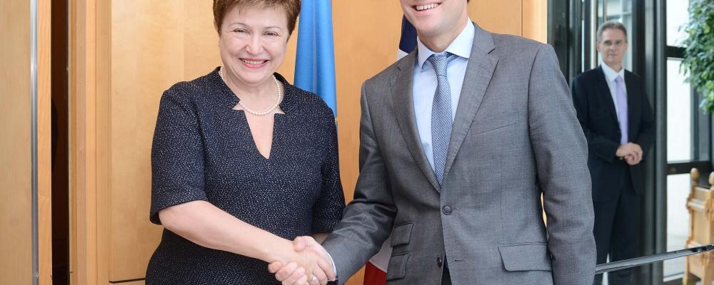 President Emmanuel Macron, här med Kristalina Georgieva, tidigare vice ordförande i EU-kommissionen med ansvar för budget och personal.  Foto: Wikipedia Commons Lic. Kredit: 
© Europeiska unionen, 2025, CC BY 4.0