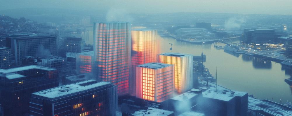 Illustration: Stad visualiserad som ett distribuerat värmelager, där byggnader används som en aktiv del av fjärrvärmesystemet. Pressbild: Utilifeed AB