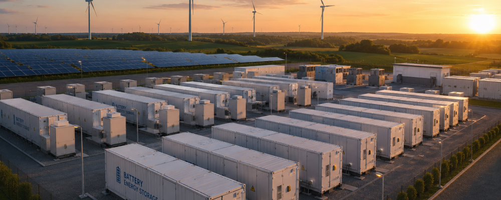 Parallellt växer marknaden för så kallad samlokalisering, där batterilager byggs tillsammans med sol- eller vindkraftsanläggningar. Bild: skapad av AI, ej fotografi. Copyright: Conventus