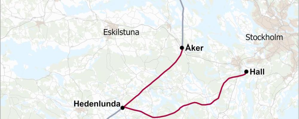 I rött: Åker-Hedenlunda och Hall-Hedenlunda som startar upp nu. I grått: Hamra-Åker och Hedenlunda-Glan som pågår sedan hösten 2024. Pressbild: Svenska Kraftnät