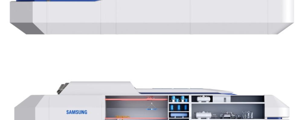 Konceptbild av ett flytande kärnkraftverk utrustat med två SMART100-reaktorer. Bild:
Samsung Heavy Industries