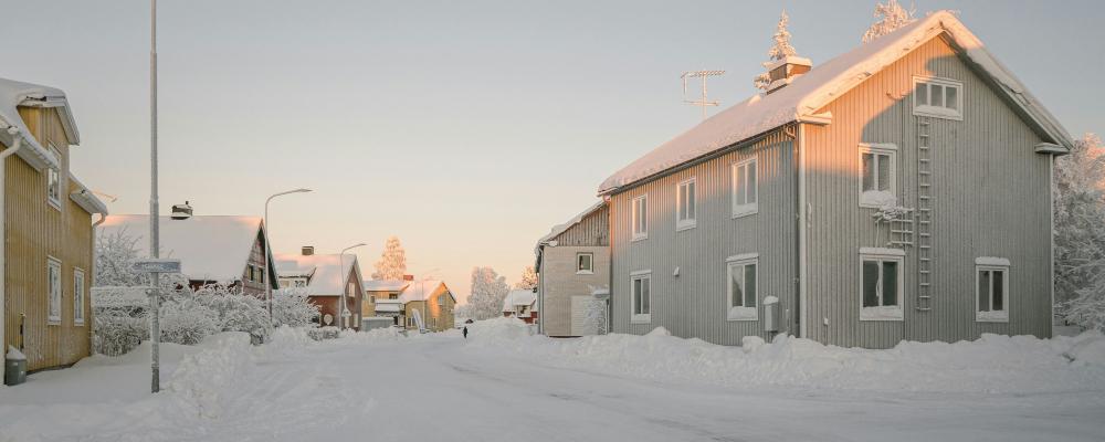 Vintergata med snötäckta hus. Foto: Kotryna Juskaite
