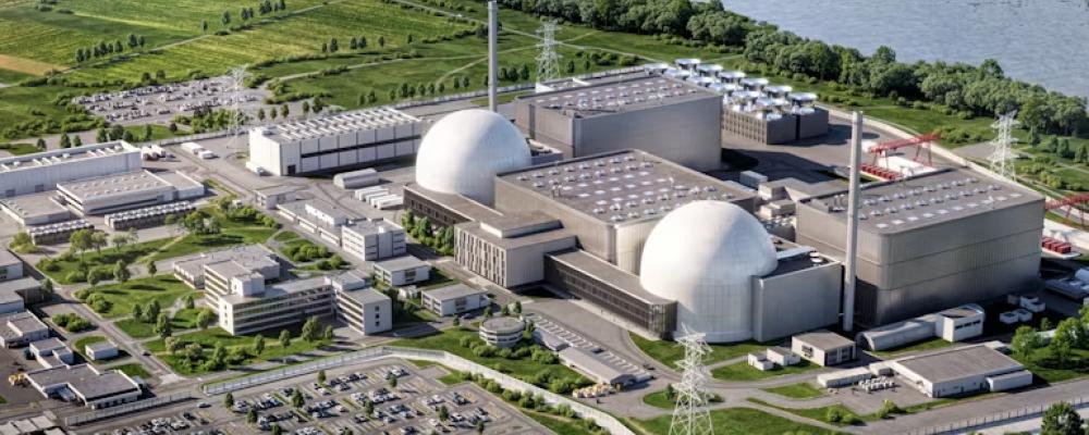 En illustration av Focused Energys planerade laserfusionskraftverk vid Biblis kärnkraftverk.  Det tyska företaget Focused Energy har tagit in 240 miljoner dollar (206 miljoner euro) i en finansieringsrunda ledd av energibolaget RWE. Kapitalet ska användas för att stödja byggandet av en anläggning för laserfusion vid det tidigare kärnkraftverket Biblis i delstaten Hessen i centrala Tyskland. Bild: Focused Energy.