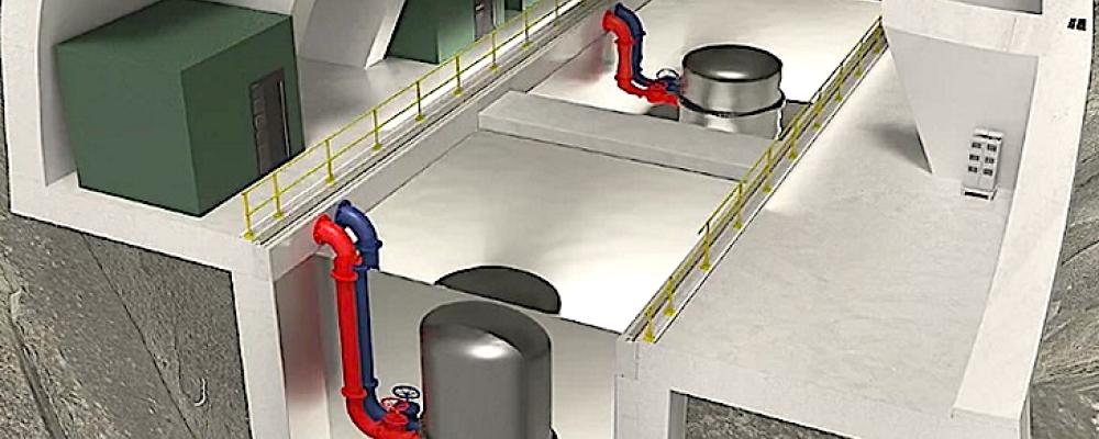 Illustration av ett framtida kraftvärmeområde med flera LDR-50-reaktorer. Den finländska SMR-reaktorn är utvecklad för fjärrvärme och industriell värmeproduktion och har nu genomgått en gemensam säkerhetsgranskning av fem europeiska kärnkraftsmyndigheter. Illustration: Steady Energy