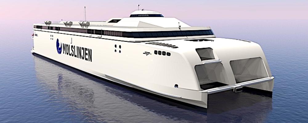 Bygget av Molslinjens nya elektriska jättelika katamaraner är nu igång vid varvet Incat i Tasmanien. Varvet har även presenterat designförslag för de helt eldrivna fartygen – och de utlovas bli både imponerande och kraftfulla. De två färjorna, och sannolikt också en tredje före årsskiftet 2027–2028, ska stå för en grön omställning och ersätta de dieseldrivna katamaranerna på rutten mellan Jylland och Själland. Illustration: Molslinjen