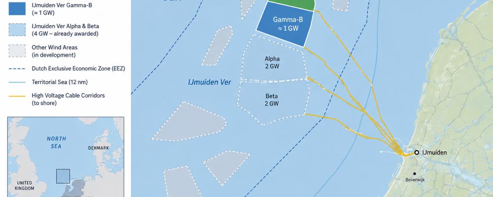 Beslutet omfattar områdena IJmuiden Ver Gamma-A och Gamma-B, som vardera har en planerad effekt på omkring 1 gigawatt. Tillsammans motsvarar projekten elförsörjningen för miljontals hushåll och utgör en viktig del av Nederländernas energiomställning. Kartan är AI-genererad. Copyright: Conventus