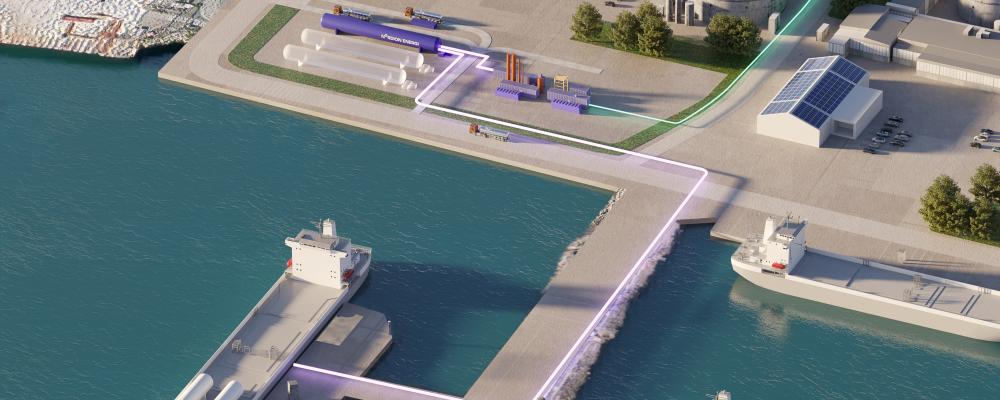 Illustration över byggnationen av en anläggning för förvätskning av biogas i Göteborgs hamn. Pressbild: Nordion Energi