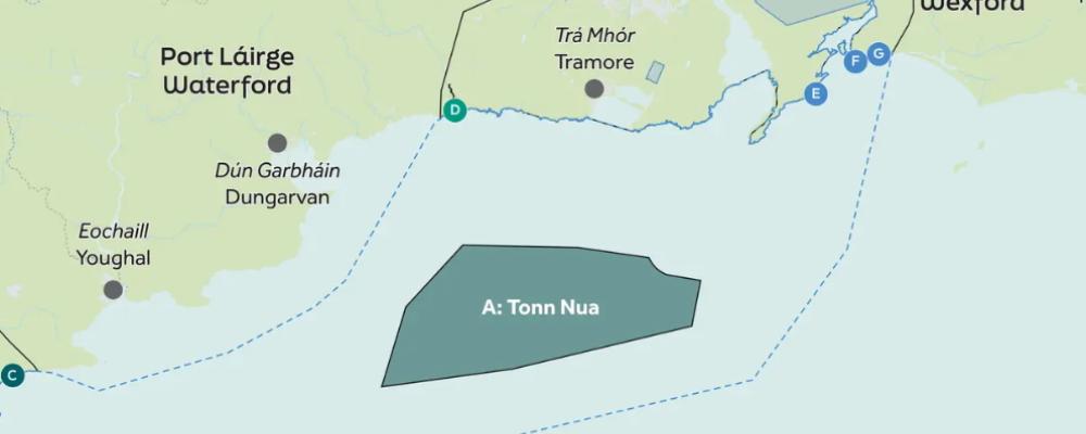 Ørsted och ESB har fått rätten att utveckla Tonn Nua, ett 900 MW havsbaserat vindkraftsprojekt utanför Irland. Karta: Ørsted