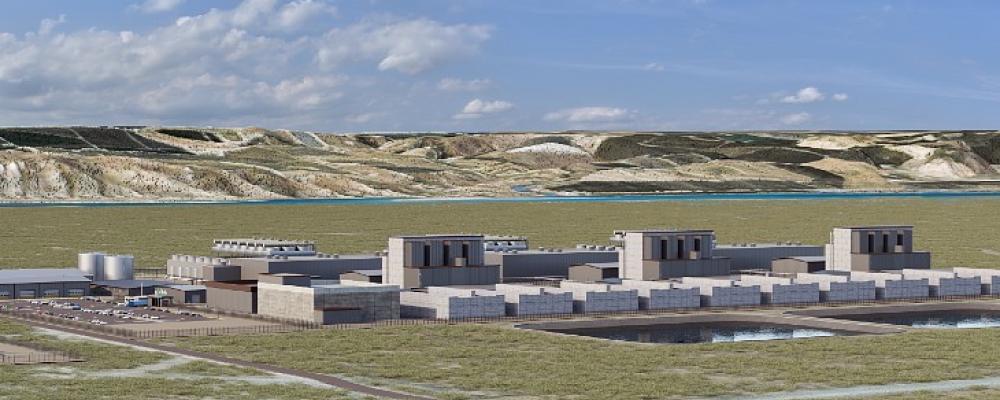 En framtida SMR-anläggning på Amazons ritbord. Det slutliga målet är att ha tre block med en sammanlagd kapacitet på 960 megawatt (Bild: Amazon/X-energy).