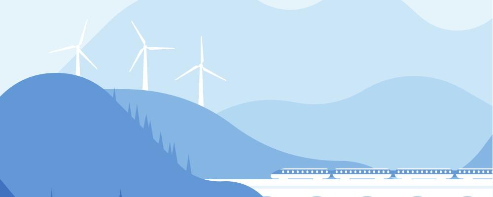 Illustration över landskap med vindkraft och tåg. Illustration av: Public domain vectors  / Unsplash