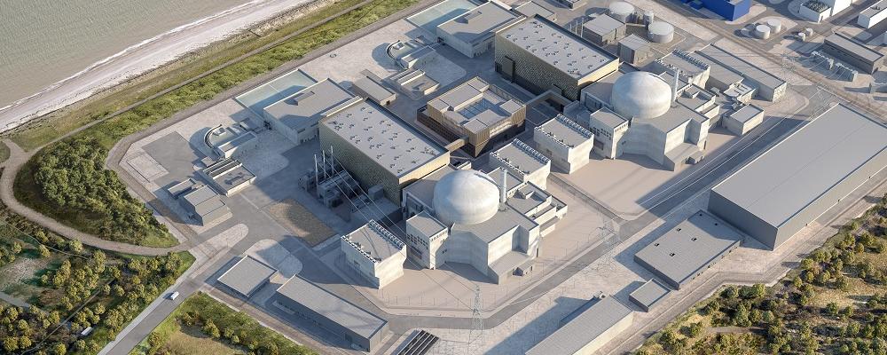 Sizewell C i mitten av bilden med det befintliga Sizewell B uppe till höger. Illustration: Brittiska regeringen