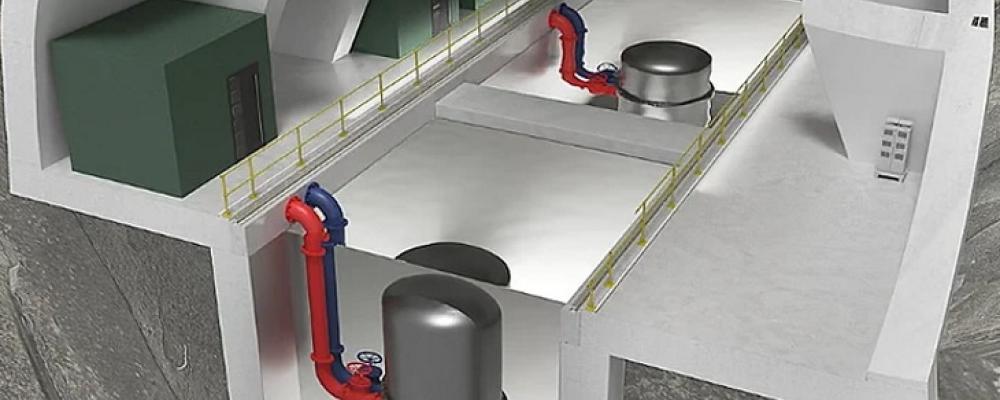 Anläggning med flera LDR-50-enheter. Steady Energys modulära värmereaktor är avsedd att byggas under mark i tät stadsmiljö. Bild: Steady Energy