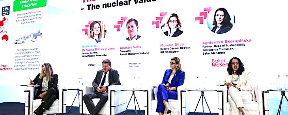 Paneldebatt vid senaste World Nuclear Supply Chain Conference i Warszawa.
-  Vi börjar vår kärnkraftsresa, men inte från noll. Vi har ännu ingen kärnkraft i vår energimix, men vi har många erfarna företag tack vare exportprojekt och internationellt samarbete, sade Andrzej Sidlo vid Polens näringsdepartement under konferensen i Warszawa. Foto: World Nuclear Association
