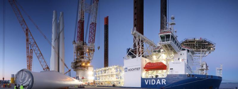 Tyska fartyget Vidar för installation av vindkraftverk. Bild: Energibolaget EnBW