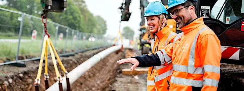 Badenova Netz tekniska direktör Julie Bürkle-Weiss och projektledare H Wölfle övervakar arbetet med att lägga den första vätgaspipelinen i södra Tyskland. Foto: Badenova Netze
