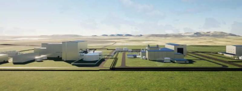 Illustration av hur en natriumanläggning kan se ut, med reaktordelen till höger och energilagret till vänster. Bild: TerraPower.