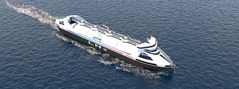Illustration av det nya fartyget med vätgasdrift. Foto: Kawasaki Heavy Industries