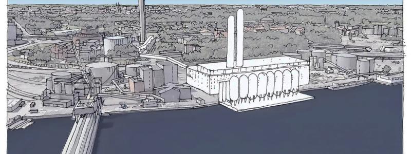 Projekteringen pågår fortfarande men så här tänker man sig att den planerade Bio-CCS-anläggningen skulle kunna se ut. Kraftvärmeverket är den halvrunda, grå byggnaden till vänster i bakgrunden. Illustration: Urban Design, 2023.