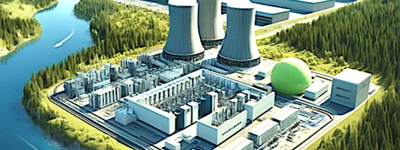 Illustration av ett datacenter med ett SMR-kraftverk och en fabrik för grön elektrolys. Källa: Norsk Kjernekraft