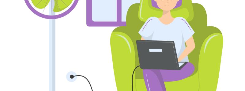 Illustration över en kvinna som sitter i fåtölj med dator. Illustration av: Denustudios / Unsplash
