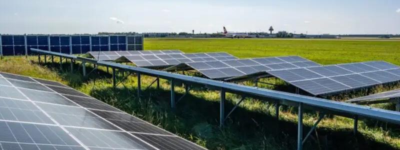 Den totala ytan för testanläggningen omfattar 1 250 kvadratmeter och har en installerad maximal kapacitet på cirka 120 kilowatt. Genom att använda olika underkonstruktioner hoppas man kunna samla värdefull information om hur solcellsinstallationer kan påverka markens vegetation och biologiska mångfald. Foto: Hannovers Flygplats