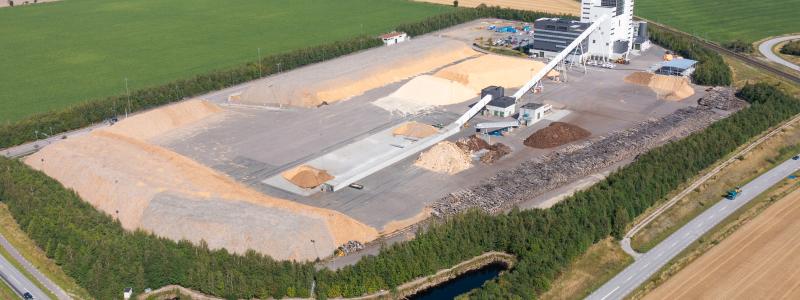 Flygbild på Örtoftaverket, Kraftringens största produktionsanläggning. Foto: Kraftringen