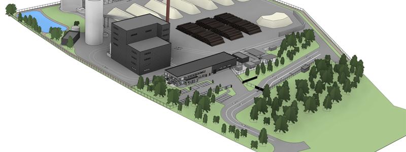 Bilden visar ett layoutförslag för hur ett nytt kraftvärmeverk skulle kunna se ut. 
Illustration från Hedemora Energi.