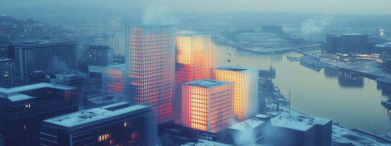 Illustration: Stad visualiserad som ett distribuerat värmelager, där byggnader används som en aktiv del av fjärrvärmesystemet. Pressbild: Utilifeed AB