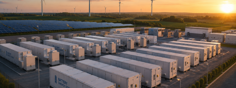Parallellt växer marknaden för så kallad samlokalisering, där batterilager byggs tillsammans med sol- eller vindkraftsanläggningar. Bild: skapad av AI, ej fotografi. Copyright: Conventus