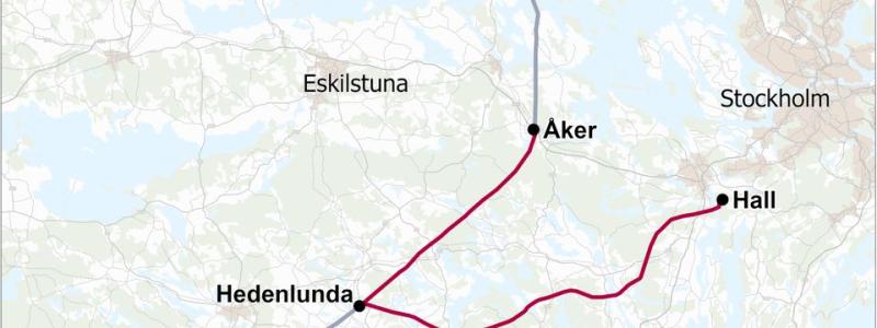 I rött: Åker-Hedenlunda och Hall-Hedenlunda som startar upp nu. I grått: Hamra-Åker och Hedenlunda-Glan som pågår sedan hösten 2024. Pressbild: Svenska Kraftnät