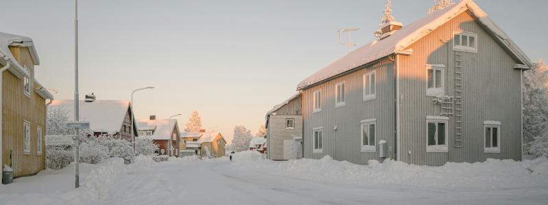 Vintergata med snötäckta hus. Foto: Kotryna Juskaite