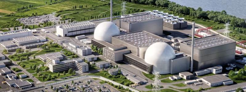 En illustration av Focused Energys planerade laserfusionskraftverk vid Biblis kärnkraftverk.  Det tyska företaget Focused Energy har tagit in 240 miljoner dollar (206 miljoner euro) i en finansieringsrunda ledd av energibolaget RWE. Kapitalet ska användas för att stödja byggandet av en anläggning för laserfusion vid det tidigare kärnkraftverket Biblis i delstaten Hessen i centrala Tyskland. Bild: Focused Energy.