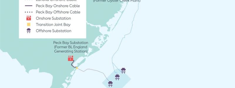 Karta över lokalisering av vindparken Ocean Wind 1 och dess två transformationsstationer i Lanoka (Fd Oyster Creek Plant) och i Peck Bay utanför delstaten New Jerseys kustremsa (Fd BL England. Källa: Ørsted