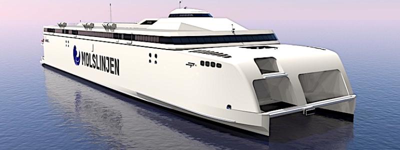 Bygget av Molslinjens nya elektriska jättelika katamaraner är nu igång vid varvet Incat i Tasmanien. Varvet har även presenterat designförslag för de helt eldrivna fartygen – och de utlovas bli både imponerande och kraftfulla. De två färjorna, och sannolikt också en tredje före årsskiftet 2027–2028, ska stå för en grön omställning och ersätta de dieseldrivna katamaranerna på rutten mellan Jylland och Själland. Illustration: Molslinjen