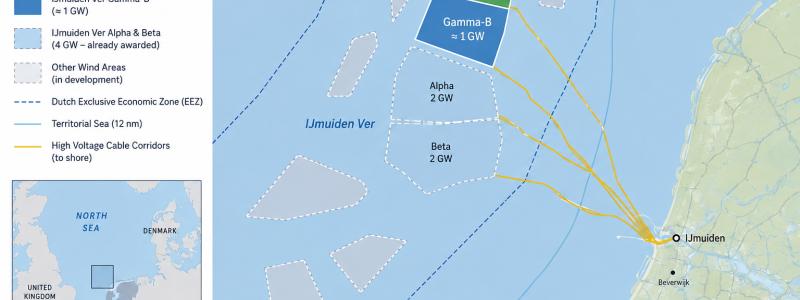 Beslutet omfattar områdena IJmuiden Ver Gamma-A och Gamma-B, som vardera har en planerad effekt på omkring 1 gigawatt. Tillsammans motsvarar projekten elförsörjningen för miljontals hushåll och utgör en viktig del av Nederländernas energiomställning. Kartan är AI-genererad. Copyright: Conventus