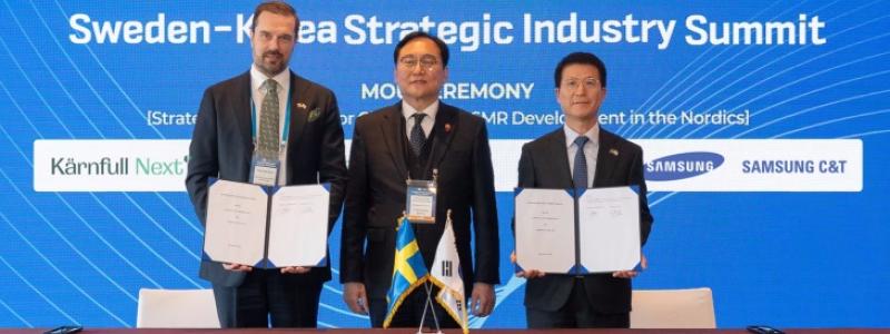 Avtalet undertecknades nyligen under Korea-Sweden Strategic Industry Summit i Seoul, där bland andra Kärnfull Nexts vd Christian Sjölander och Samsungs chef för byggnadsverksamheten Oh Se-cheol närvarade. Foto: Kärnfull Next