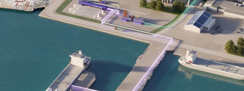 Illustration över byggnationen av en anläggning för förvätskning av biogas i Göteborgs hamn. Pressbild: Nordion Energi