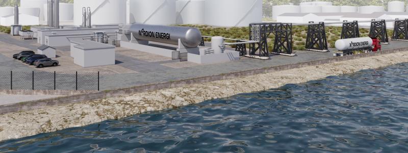 Visionsbild på den kommande förvätsdkningsanläggningen i Göteborgs Hamn. Pressbild: Nordion Energi