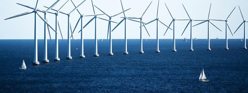 Havsbaserade vindkraftverk nära Köpenhamn, Danmark. Foto: Wikipedia Commons. Kredit: cgpgrey