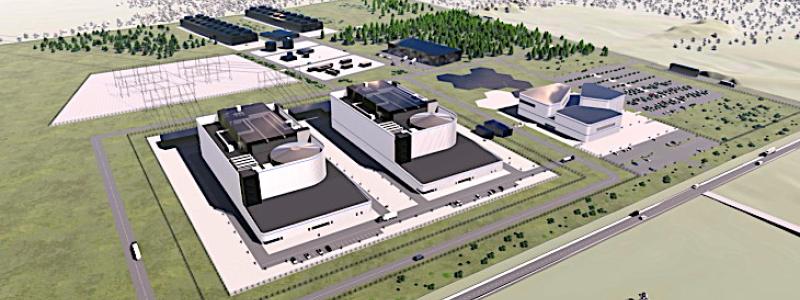 Visualisering av ett kärnkraftverk med två BWRX-300-reaktorer. Bild: Fermi Energia.