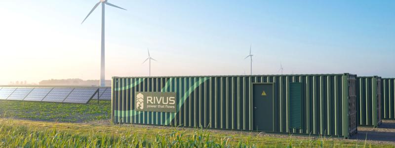 Visualisering av Rivus batteriteknologi i bruk vid vind- och solenergianläggningar.
