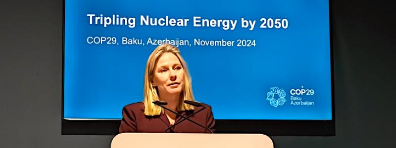 Generaldirektören för World Nuclear Association, Sama Bilbao y León, talar vid FN:s klimatkonferens COP29 i Baku, Azerbajdzjan. Foto: World Nuclear Association