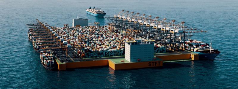 Sea Tech Floating Terminal (STFT) är en flytande containerhamn som används för att avlasta konventionella containerhamnar. Den typen av plattformar skulle också kunna användas för Blykallas kärnkraftverk. Bild: Sea Technology.