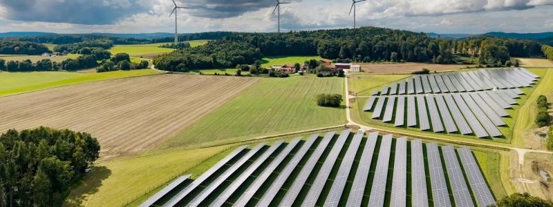 Bildtext: Den nya solparken Hatzenhof och vindparken Granswang (i bakgrunden) matar in el i Ørsteds transformatorstation i Raitenbuch. Foto: Ørsted
