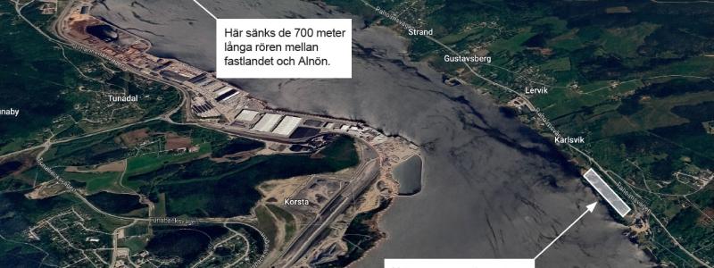 Rören levereras i 16-meterslängder och svetsas ihop på land för att bilda fyra sektioner som är cirka 350 meter långa. Pressbild: FVB