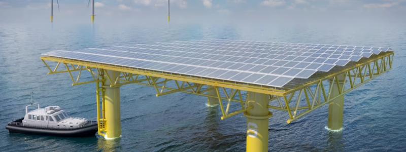 Det marina flytande konceptet för solpaneler, Seavolt, håller på att patenteras av de belgiska partnerna Jan De Nul, Tractebel och DEME.  Fotokredit: Seavolt